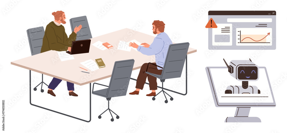 Wall mural two colleagues in discussion around a table with papers, laptop, and books nearby a robot display an