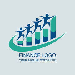 Finance Logo with People Climbing Bars and Green Swoosh, Teamwork and Growth Concept