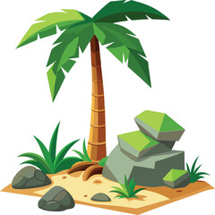 A palm tree moss on stone in marsh rock on a white background.