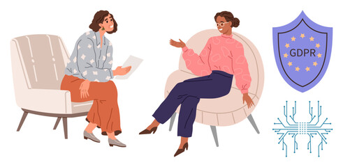 Women engaged in professional conversation on chairs, GDPR compliance shield, abstract circuit network. Ideal for data privacy, legal advice, IT consulting, teamwork, communication, technology