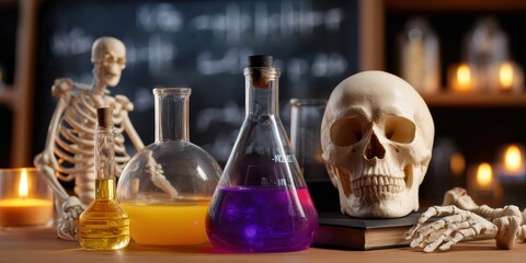 Obraz premium halloween classroom education. Laboratory setup with colorful liquids, a skull, and a skeleton in a dimly lit environment.