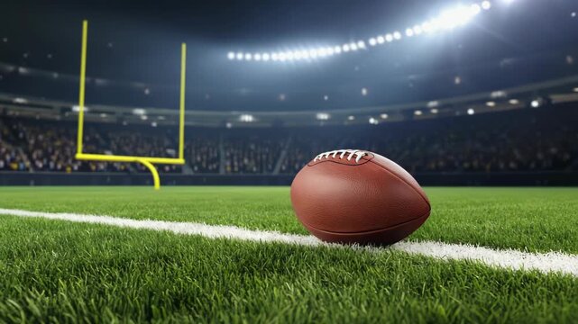 American football on green grass turf of illuminated stadium near goal post, symbolizing competition, energy, teamwork, sports culture, and excitement of the game under bright stadium lights.