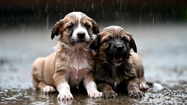 Two Wet Puppies Cuddling Together on a Rainy Day Outdoors, a touching and emotional moment of companionship.