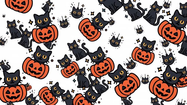 Playful doodle cats in silhouette align in halloween repetition for motion backgrounds, seamless wallpapers, spooky decor visuals, creative texture art, and modern animation design