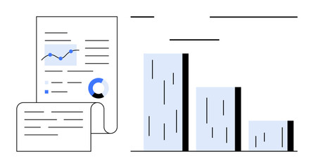 Documents with charts, bar graph visualizing data, and reports. Ideal for analytics, finance, strategy, growth, business planning data visualization performance review. Minimal flat metaphor