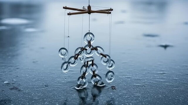 Water droplet puppet suspended over a reflective surface, symbolizing control and fluidity.