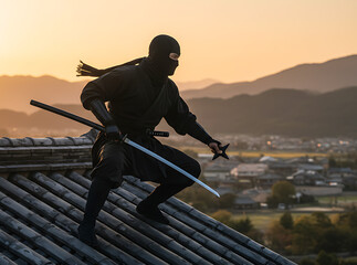 日本の城下町を見下ろす黒装束の忍者