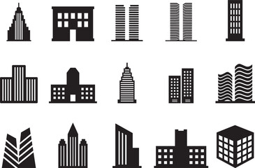 Modern building icon set bundle skyscraper urban architecture silhouettes Silhouette Vector and illustration
