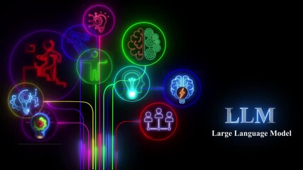 An animated brain icon with a chat symbol creates text. Represents a Large Language Model (LLM), AI chatbot, artificial intelligence, conversational and generative technology black background 4k video