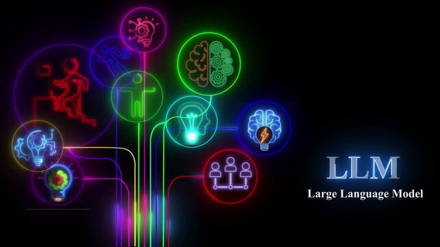 An animated brain icon with a chat symbol creates text. Represents a Large Language Model (LLM), AI chatbot, artificial intelligence, conversational and generative technology black background 4k video