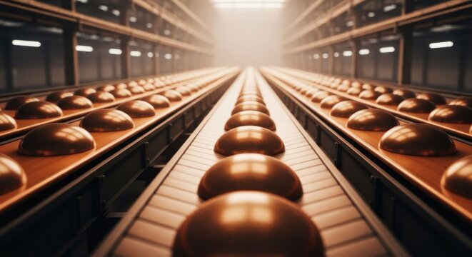Rows of brown, dome-shaped objects traverse conveyor belts in a factory setting. Bright light emanates from end