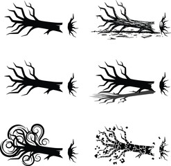 Stylized tree branch silhouette set, broken roots, ornate swirls, shadow effects, exploding fragments, conceptual nature design, vector illustration pack, minimal abstract forest elements