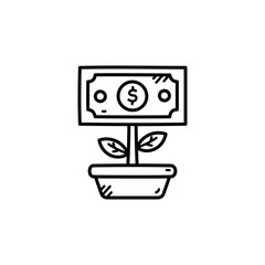 Growing Dollar Money in Pot Black and White Vector Icon Outline Financial Growth Investment Concept on Transparent Background