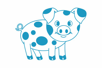 A blue outlined spotted pig with a cheerful expression stands sweetly and calmly