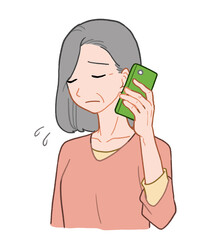 スマホで電話しながら落ち込んでいるシニア女性　手描きイラスト素材