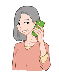スマホで電話をしているシニア女性　手描きイラスト素材