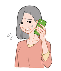 スマホで電話しながら困っているシニア女性　手描きイラスト素材