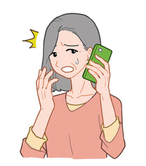 スマホで電話しながらショックを受けているシニア女性　手描きイラスト素材