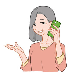 スマホで電話をしているシニア女性　手描きイラスト素材