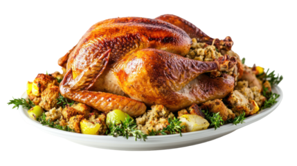 Whole roasted turkey with stuffing and garnish isolated on transparent background