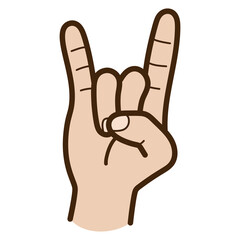 Rock and Roll Hand Gesture with Light Skin Tone and Brown Outline on Transparent Background