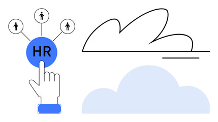 Hand interacts with HR button linked to employee icons, cloud graphics represent digital HR processes. Ideal for workforce management, recruitment, cloud computing, digital tools, HR systems