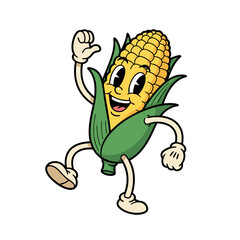 Cartoon corn cob mascot on a white background features yellow corn, a green husk, arms, legs and gloves with a smiling expression, in a nostalgic vintage animation style