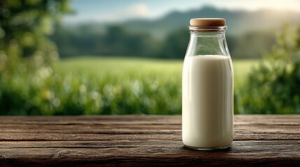 Minimalist photo of a clear glass bottle filled with fresh white milk on a plain surface with soft natural lighting.