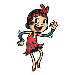 A cheerful cartoon girl in a vintage flapper style red dress dances happily. She wears a feathered headband and her expression is joyful in a white backdrop design. The artwork style is retro