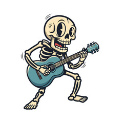 A cartoon skeleton plays a blue acoustic guitar with an open mouth and big eyes. The image is a pixel art mascot on a white background with a shadow, conveying expressive movement and vintage charm