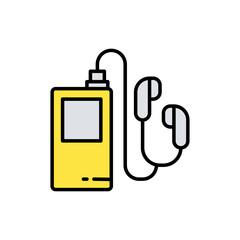 Yellow Portable Media Player with Earphones Doodle on Transparent Background Vector Illustration