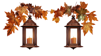 Two vintage lanterns with autumn leaves garland isolated on transparent background