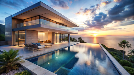 Fototapeta premium A contemporary home with an infinity pool and a view of the ocean conjures up an ethereal vision of luxury that might become a best-selling backdrop or wallpaper