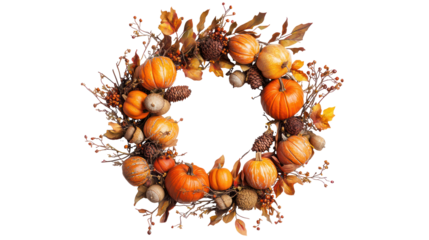 Autumn pumpkin and fall foliage wreath isolated on transparent background