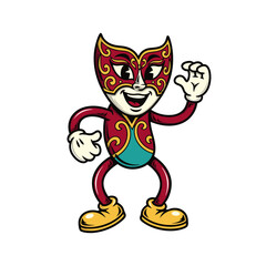 Obraz premium A cheerful vintage cartoon character wearing a red mask, golden shoes, and a teal vest stands on a white background. The full body illustration is clean and isolated