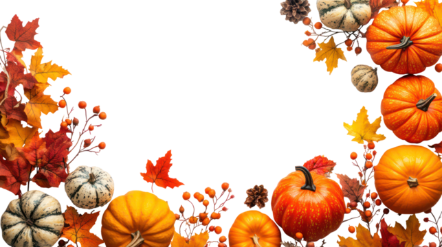 Autumn harvest pumpkins and fall leaves frame on a black background isolated on transparent background - Powered by Adobe