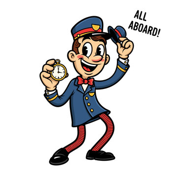 Vintage cartoon illustration of a cheerful conductor in blue uniform and red accents tipping his hat. He holds a gold pocket watch and enthusiastically announces All Aboard against a clean white