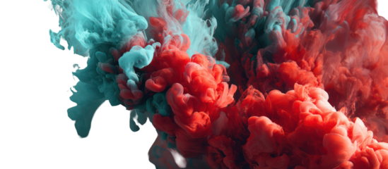 Abstract red and teal ink clouds mixing isolated on transparent background