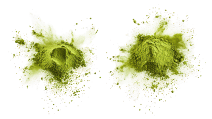 Two artistic green tea powder explosions overhead side by side on transparent background