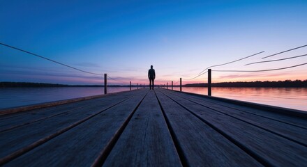 Obraz premium Silhouette of a person at the end of a pier during a dusk sky with water