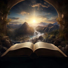 Sunlight streaming through towering ancient trees illuminating a magical fantasy forest path covered in vibrant moss and glowing mushrooms