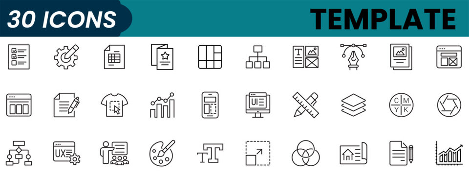 Template Line Editable Icons set. Vector illustration in modern thin line style of development related icons: layout, flowchart, wireframe, and more.