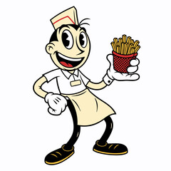 A vintage cartoon mascot cheerfully holds a container of golden fries. The character is designed in a retro style, wearing a red and white hat, a white uniform, and black shoes against a clean white