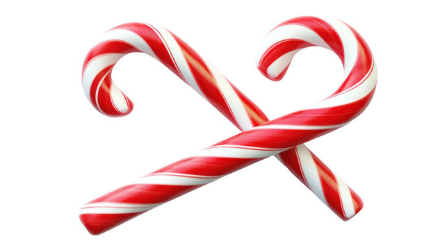 Two red and white striped candy canes crossed isolated on transparent background