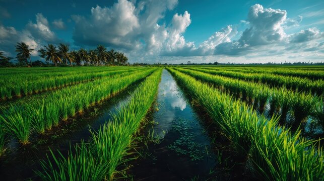 A panoramic aerial view of extensive flooded rice paddies showcasing vibrant green fields under natural light.