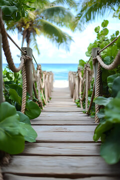 Wooden Pathway Leading to a Tropical Beach