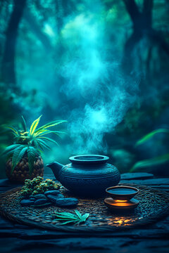 Steaming Teapot With Herbs in a Forest Setting