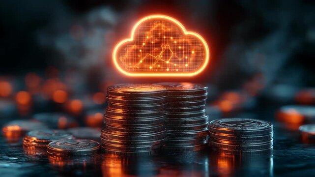 Stacks of coins with a glowing digital cloud icon above them, symbolizing cloud computing, digital finance, online banking, fintech, data economy, cryptocurrency, financial technology, virtual money
