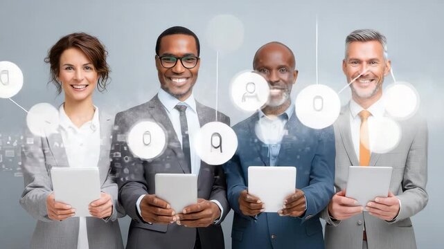 Intercultural business communication team holding tablet devices smiling office showing network icons leaders sharing digital - Powered by Adobe