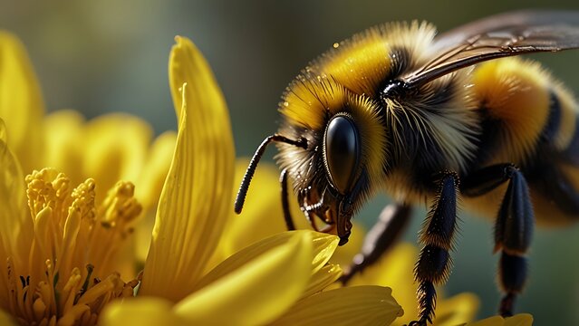 Bumblebee collecting pollen on yellow flower macro